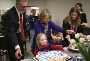 photo courtesy of STAR TRIBUNE/MINNEAPOLIS-ST. PAUL 2015 Patty Wetterling, center, cuts cake with the help of her granddaughters, Maizie, front, and Belle, back, during the 25th anniversary of the Jacob Wetterling Resource Center Tuesday afternoon. Wetterling was there along with her husband, Jerry, and daughter, Carmen.